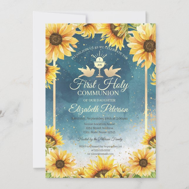 Invitación Cáliz Elegante Girasoles Primera Comunión  (Anverso)