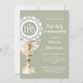 Invitación Cáliz Hostia Primera Comunión fondo verde sage