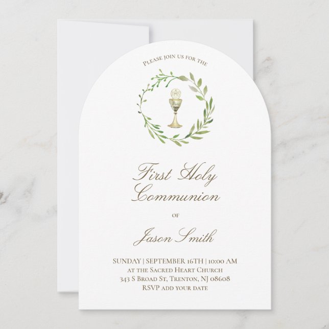 Invitación cáliz verde de la primera comunión católica (Anverso)