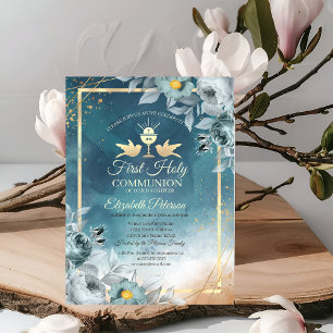 Invitación Cáliz Verde Rosas Chic Primera Comunión