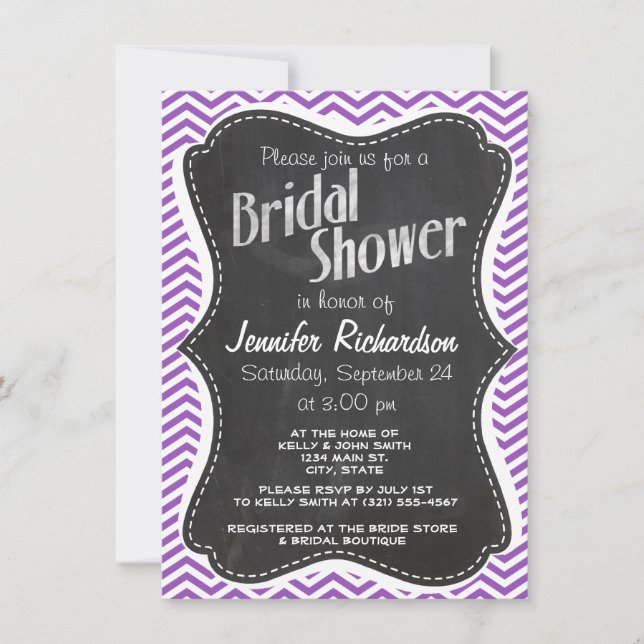 Invitación Calkboard retro; Chevron Lilac profundo (Anverso)