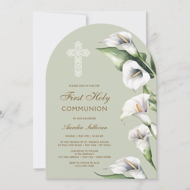 Invitación Calla Lilies on Sage Green Arch First Communion (Anverso)