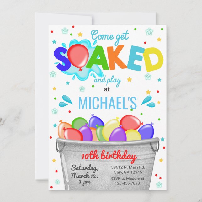 Invitación Cállate, globos de agua invito de cumpleaños. (Anverso)