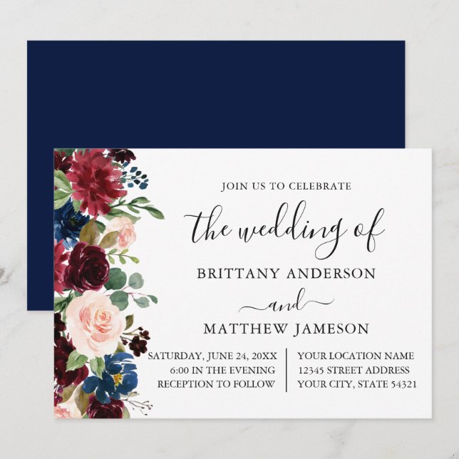 Invitación Calligrafía acuarela Boda floral azul (Anverso / Reverso)