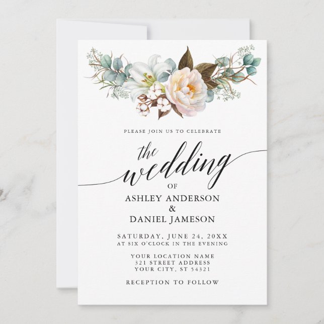 Invitación Calligrafía acuarela Boda floral botánico (Anverso)