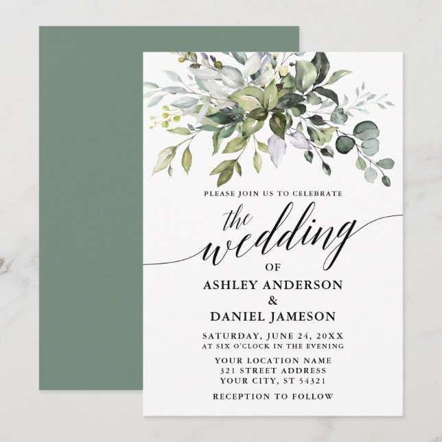 Invitación Calligrafía Acuarela Vegetación Boda verde de sabi (Anverso / Reverso)