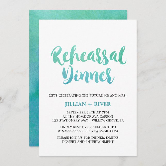 Invitación Calligrafía acuática Cena de ensayo de playa (Anverso / Reverso)