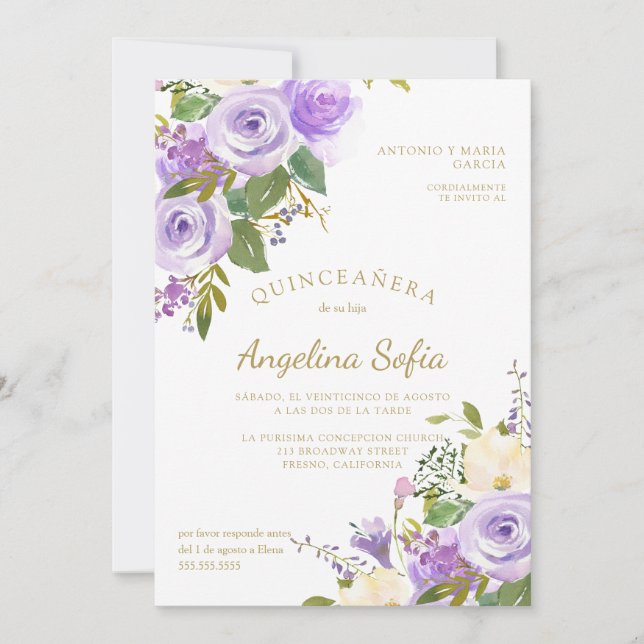 Invitación Calligrafía acuática floral de oro Quinceanera (Anverso)