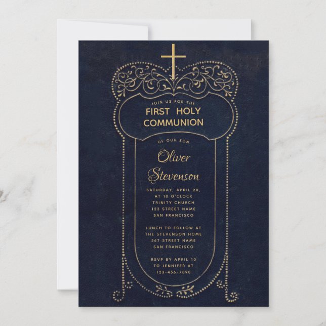 Invitación Calligrafía azul de la marina de primera comunión  (Anverso)