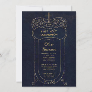 Invitación Calligrafía azul de la marina de primera comunión