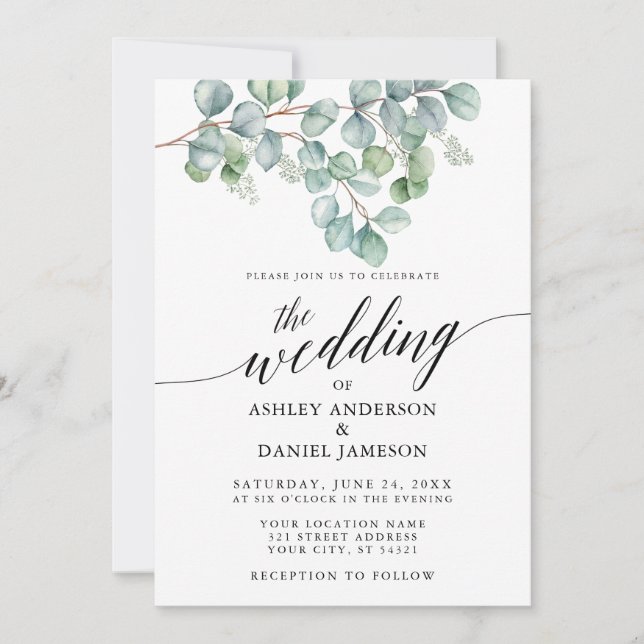 Invitación Calligrafía Boda Acuarela Eucalyptus Greeneration (Anverso)
