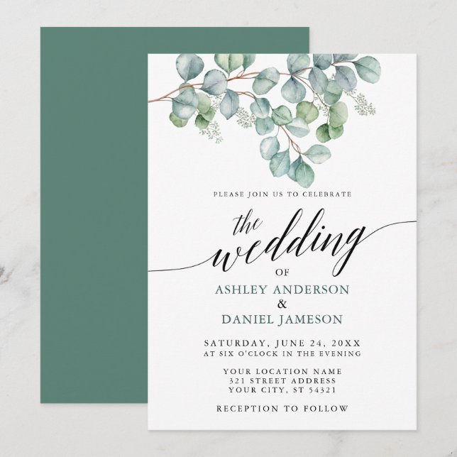 Invitación Calligrafía boda Acuarela Eucalyptus Verdor (Anverso / Reverso)