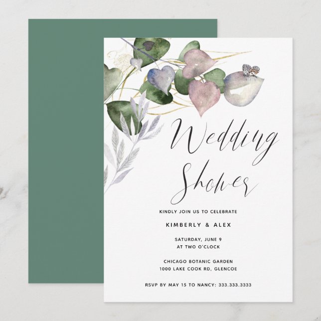 Invitación Calligrafía Boda Ducha Agua Eucalipto (Anverso / Reverso)
