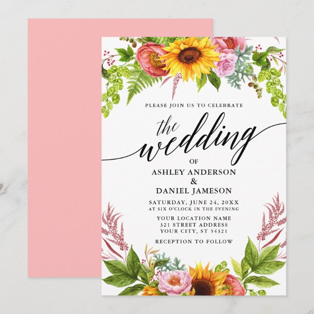 Invitación Calligrafía boda Floral de girasol (Anverso / Reverso)