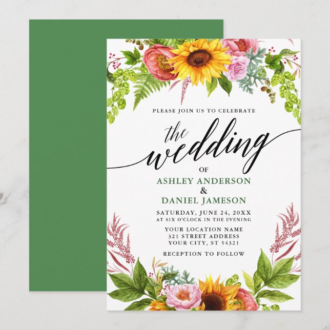 Invitación Calligrafía Boda floral de girasol de boho verde (Anverso / Reverso)