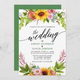 Invitación Calligrafía Boda floral de girasol de boho verde