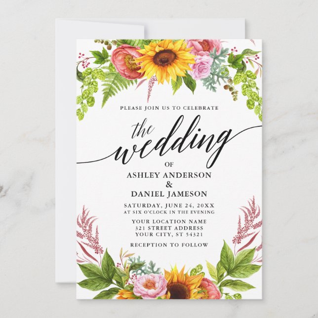Invitación Calligrafía Boda Floral del Boho del Sunflower (Anverso)