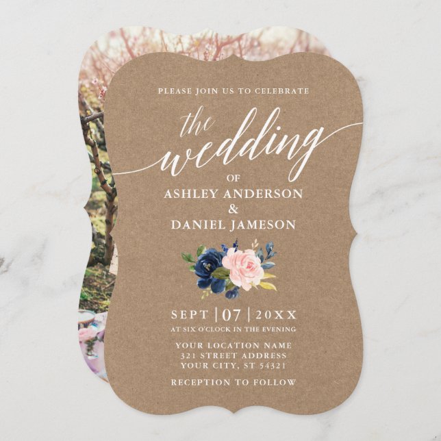 Invitación Calligrafía Boda floral rosa azul Kraft Foto (Anverso / Reverso)