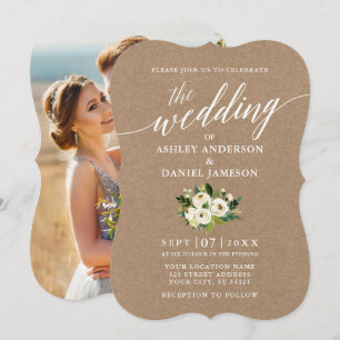 Invitación Calligrafía Boda floral verde Kraft Photo