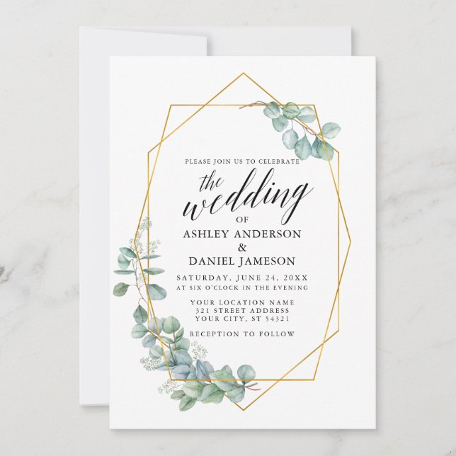 Invitación Calligrafía Boda Marco dorado Eucalipto Verdor (Anverso)