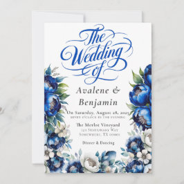 Invitación Calligrafía Boda Royal Blue and Silver Peony