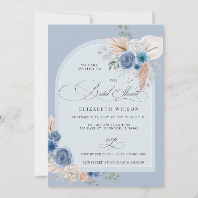 Invitación Calligrafía Boho Dusty Blue Pampas Ducha de novias (Anverso)