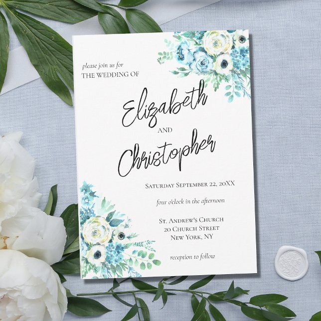 Invitación Calligrafía con guión floral azul Boda elegante (Subido por el creador)