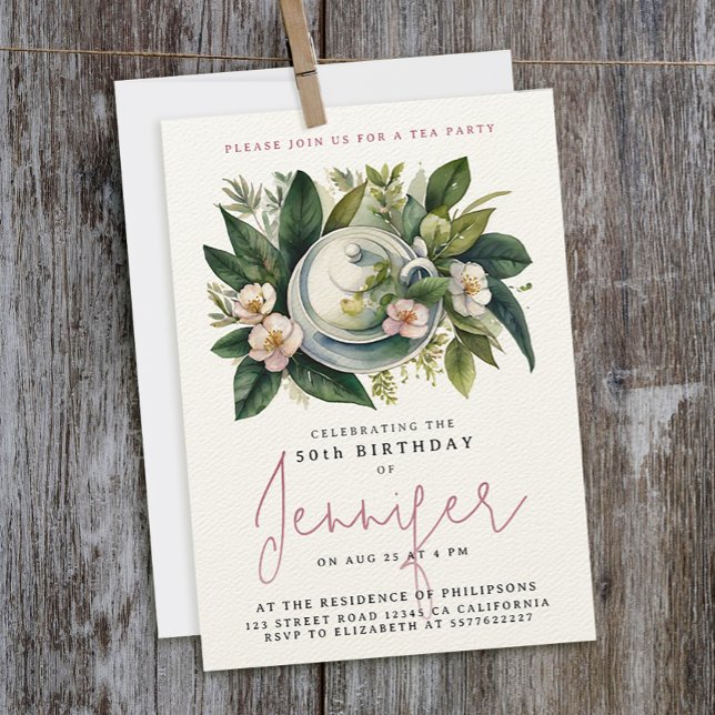 Invitación Calligrafía de acuarela floral Fiesta de té de Boh (Subido por el creador)
