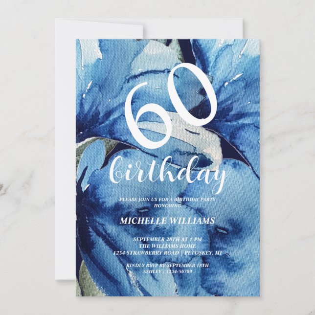 Invitación Calligrafía de arte Indigo Floral (Anverso)