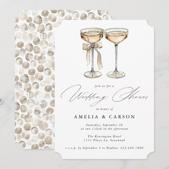 Invitación Calligrafía de champán Ducha Elegante de Boda (Anverso / Reverso)