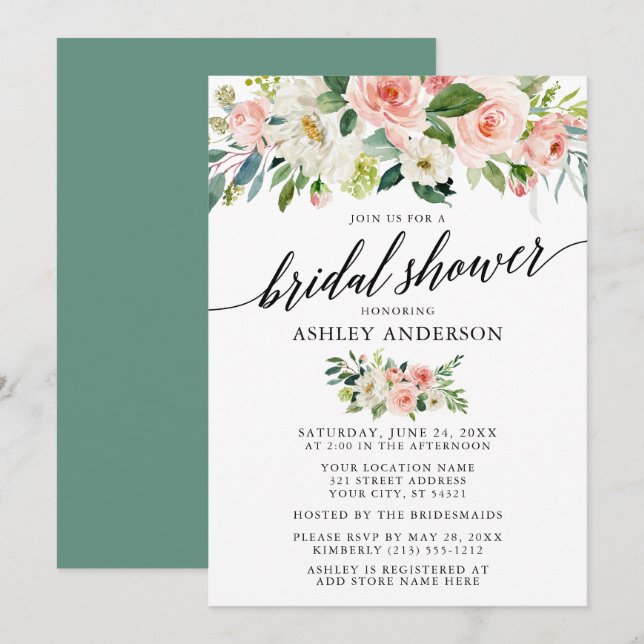 Invitación Calligrafía de ducha de novia floral rosa acuarela (Anverso / Reverso)
