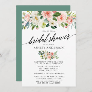 Invitación Calligrafía de ducha de novia floral rosa acuarela