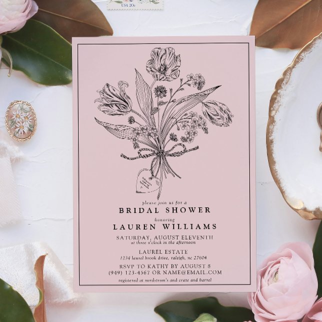 Invitación Calligrafía de duchas botánicas de color rosa vint (Bridal Shower Invitation!)