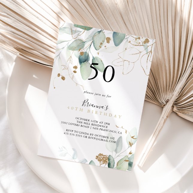 Invitación Calligrafía de Eucalipto de Oro 50 cumpleaños (Subido por el creador)