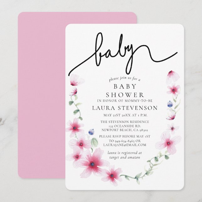 Invitación Calligrafía de flores rosadas de Fuchsia Baby Show (Anverso / Reverso)