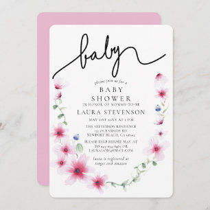 Invitación Calligrafía de flores rosadas de Fuchsia Baby Show