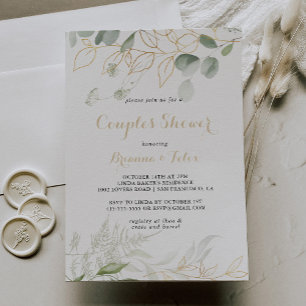 Invitación Calligrafía de follaje verde dorado Ducha de parej