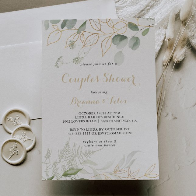 Invitación Calligrafía de follaje verde dorado Ducha de parej (Subido por el creador)