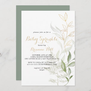 Invitación Calligrafía de follaje verde oro Espolvorear bebé