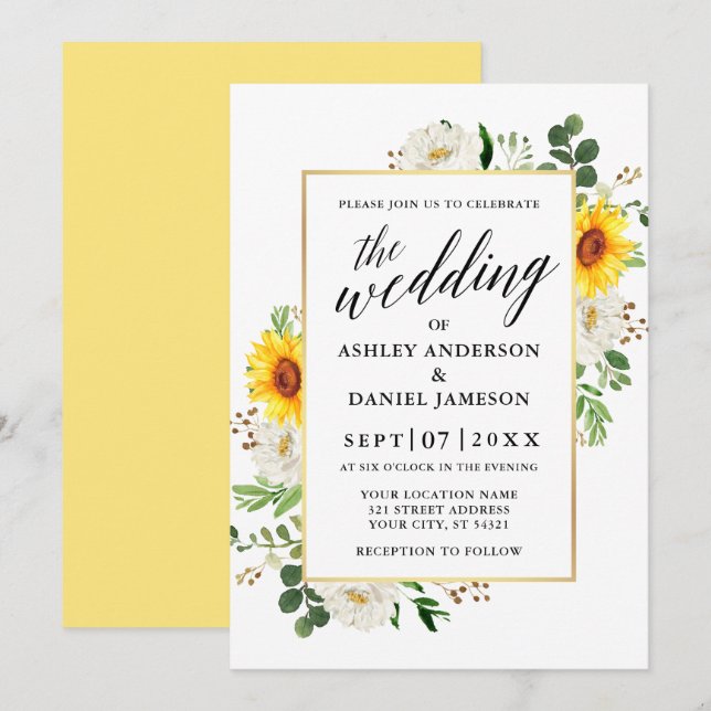 Invitación Calligrafía de girasoles Boda floral blanca (Anverso / Reverso)