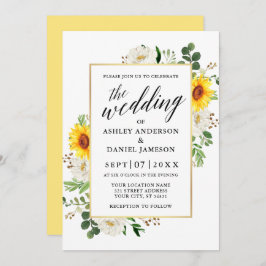 Invitación Calligrafía de girasoles Boda floral blanca