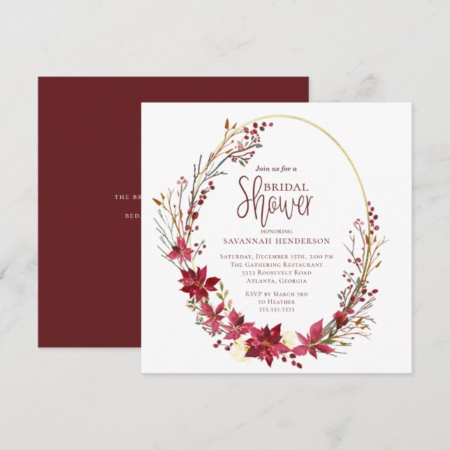 Invitación Calligrafía de invierno de Oro Rojo Profundo Ducha (Anverso / Reverso)