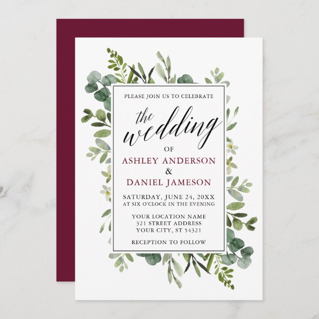 Invitación Calligrafía de la vegetación acuarela Boda de Borg (Anverso / Reverso)