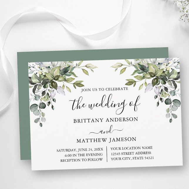 Invitación Calligrafía de la vegetación acuarela Boda verde s (Customize to change text color, style, add text & photos to back or change color of back of card.)