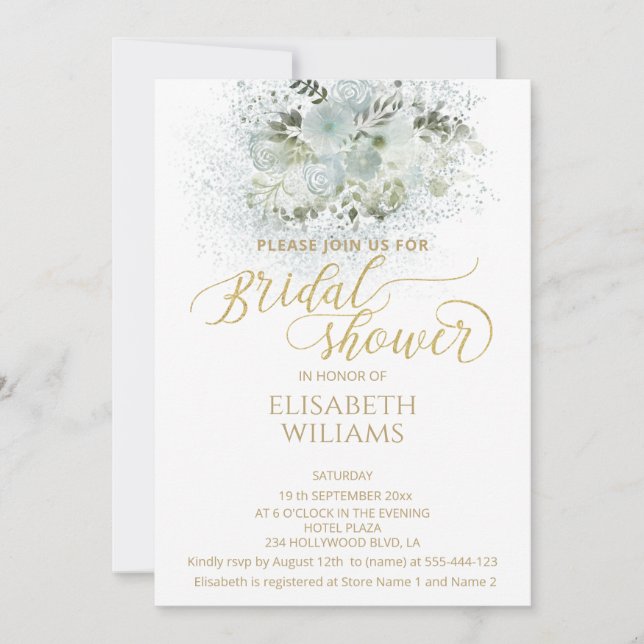 Invitación Calligrafía dorada floral azul turquesa (Anverso)