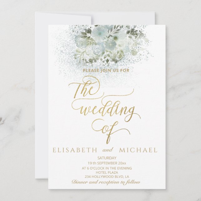 Invitación Calligrafía dorada floral azul turquesa (Anverso)