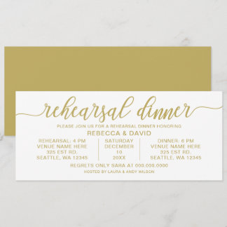 Invitación Calligrafía dorada y blanca Ensayo Cena