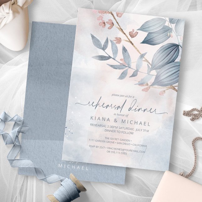 Invitación Calligrafía Ensayo Floral Cena Azul ID771 (Front/Back In Situ)