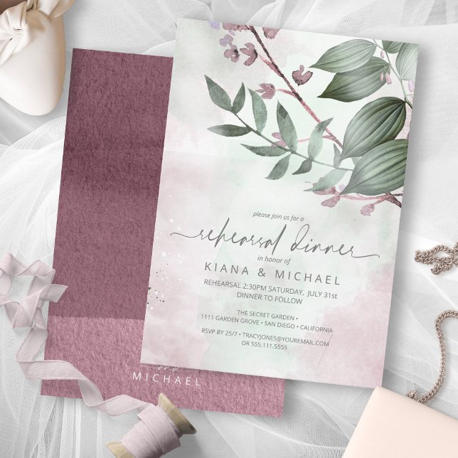 Invitación Calligrafía Ensayo Floral Cena Mauve ID771 (Front/Back In Situ)