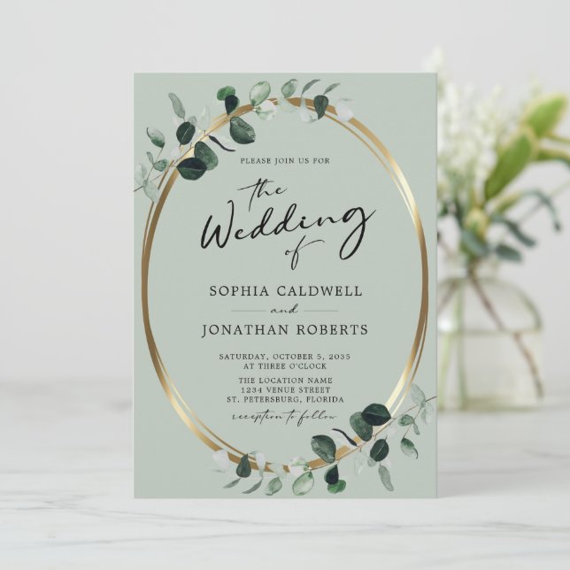 Invitación Calligrafía eucalipto todo en un Boda sabio (Anverso de pie)